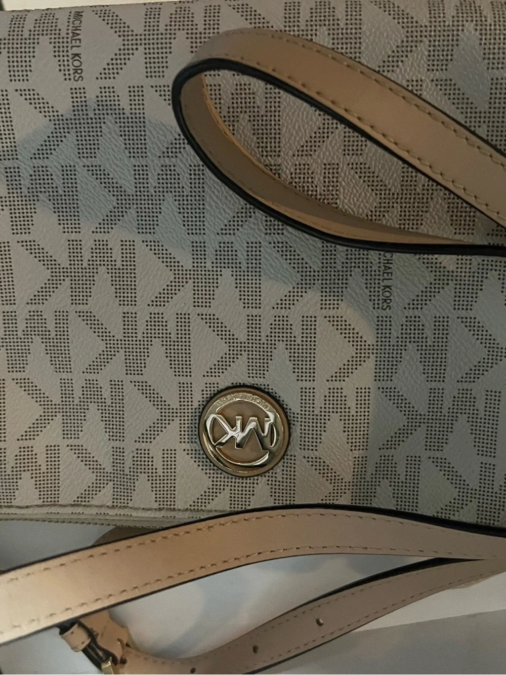 Michael Kors Beige Logo-Print Tote with Gold Emblem